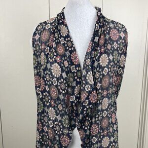 Cato Navy Blue Floral Sleeveless Long Open Vest Cardigan Uneven Hem Size Large